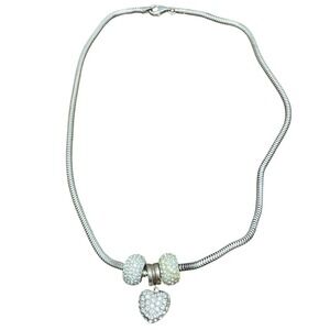 MGJ 925‎ Italy Charm Necklace Rhinestone Heart & Barrel Beads 18 inch